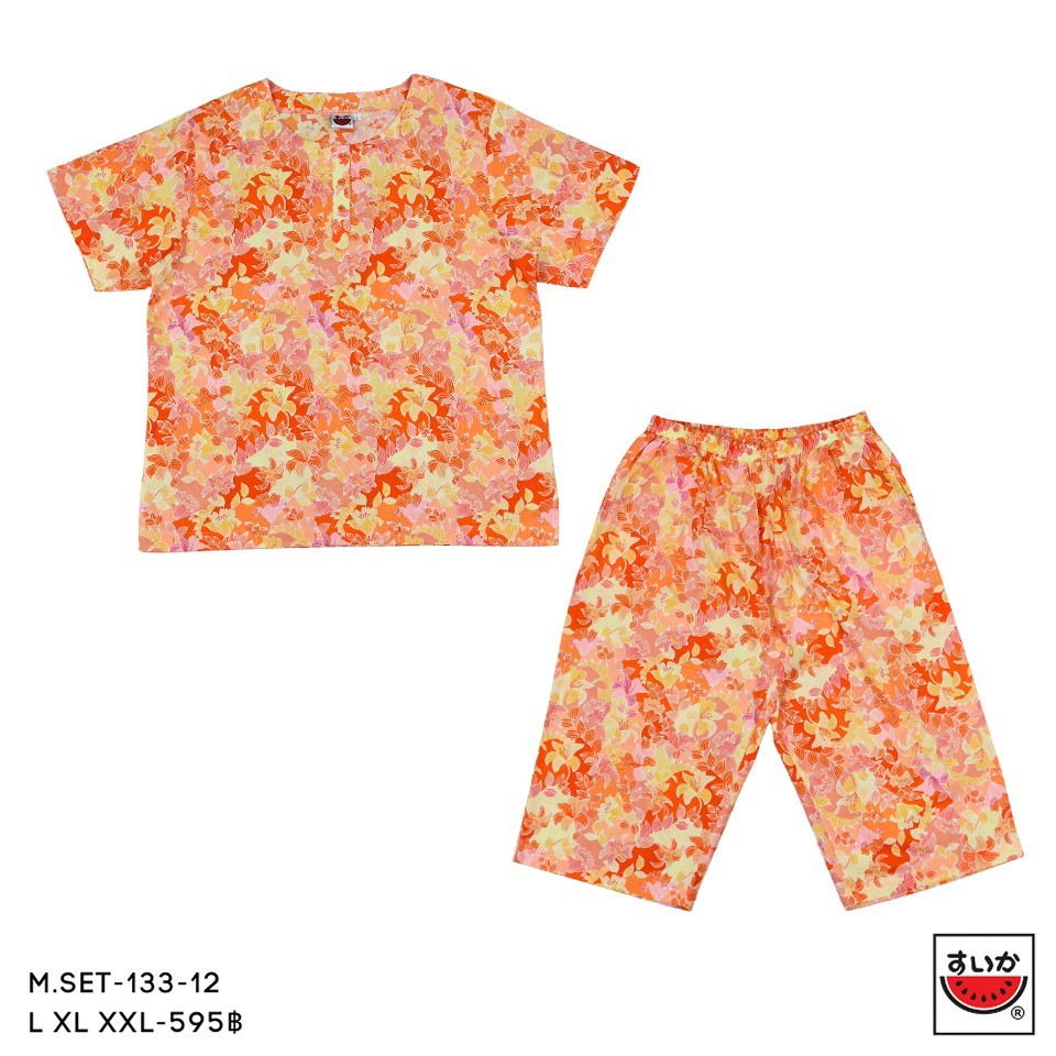 แตงโม (SUIKA) - เซ็ทชุดนอนผ้าป่านมัสลินเสื้อคู่กางเกง ลายดอกไม้ ( M.SET-133 )