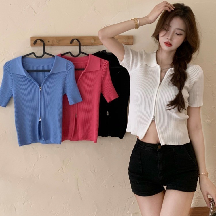 เสื้อไหมพรมคอปก แขนสั้น แต่งซิปด้านหน้า สไตล์เกาหลี พร้อมส่ง #5930