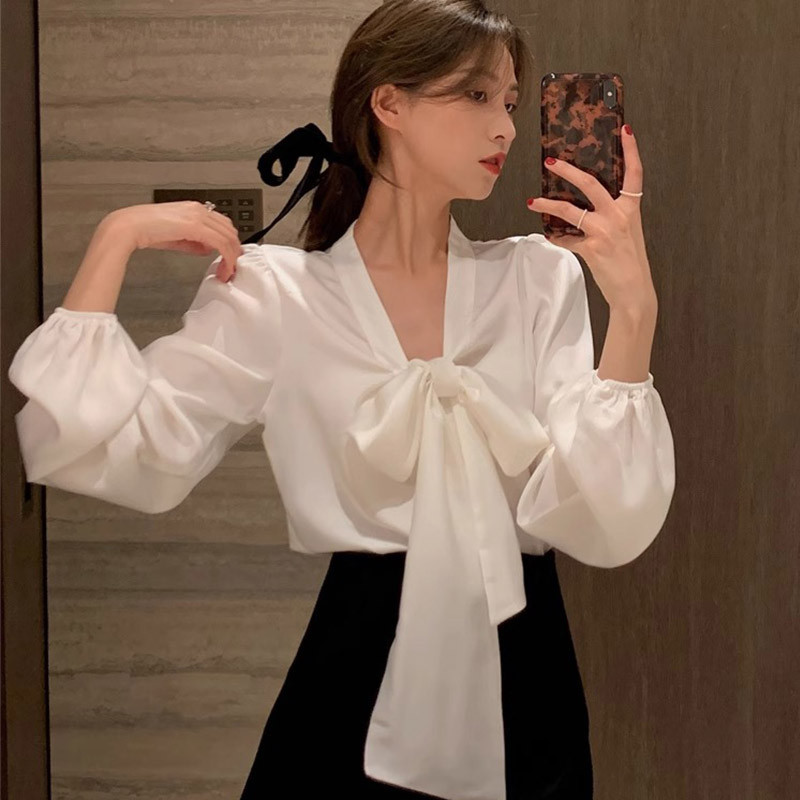 Xiao เสื้อเชิ้ต ทรงหลวม ผูกโบว์ สไตล์เกาหลี แฟชั่นฤดูใบไม้ผลิ ฤดูใบไม้ร่วง สําหรับผู้หญิง V9AW