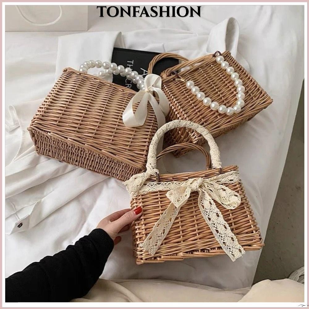 Tonfashion กระเป๋าถือ กระเป๋าคลัทช์ สานริบบิ้น ฟางสาน แฮนด์เมด ประดับมุก แฟชั่นฤดูร้อน สําหรับผู้หญิง