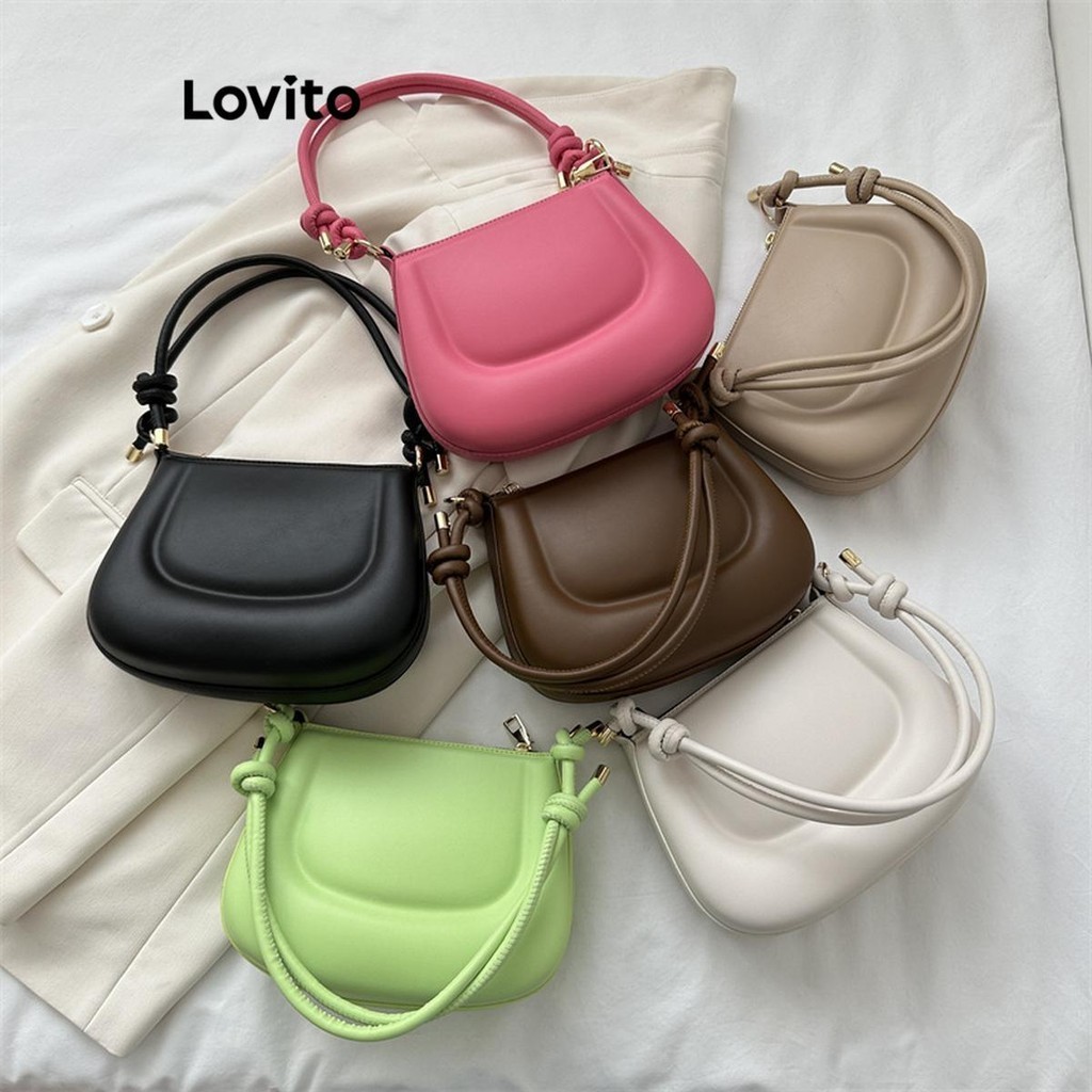Lovito กระเป๋าสะพายไหล่ผู้หญิง แนวแฟชั่น อเนกประสงค์ สีพื้น สไตล์ลำลอง LFA18002