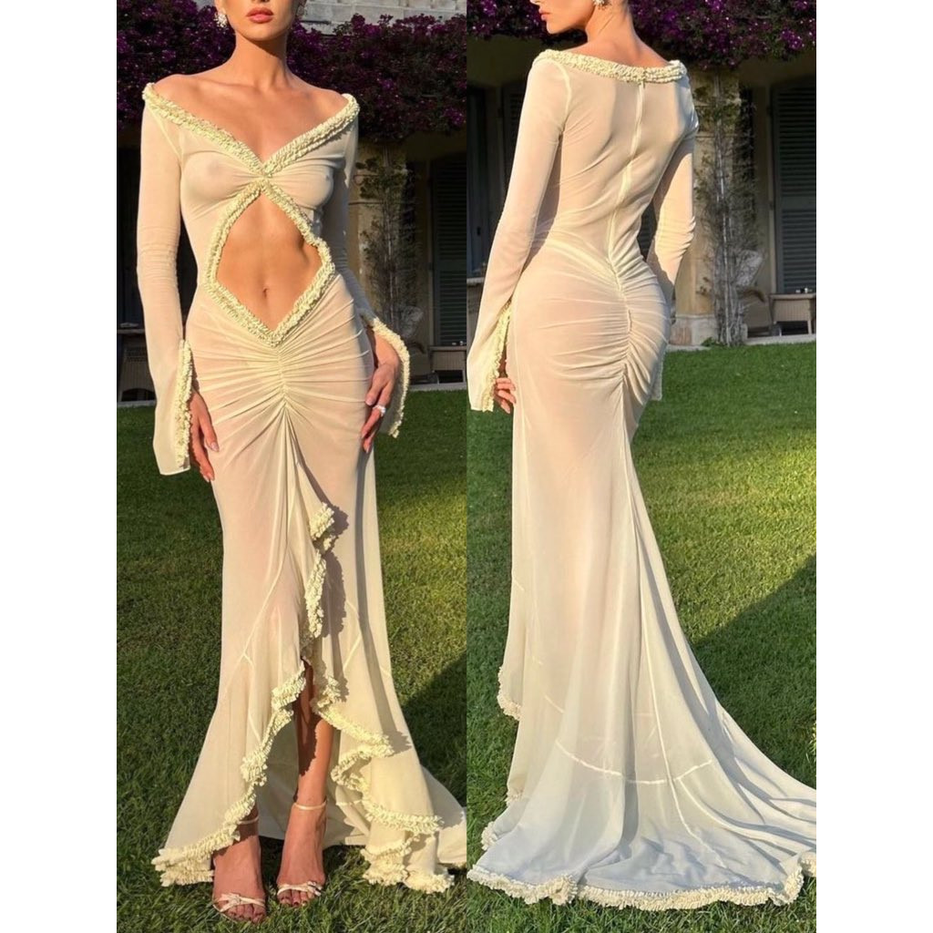 Secondly-women shaits Babydoll ชุดชั้นในแขนยาว V คอ Chemise ตาข่ายชุดนอนชุดยาว Frill Trim Sheer Nighty ชุด
