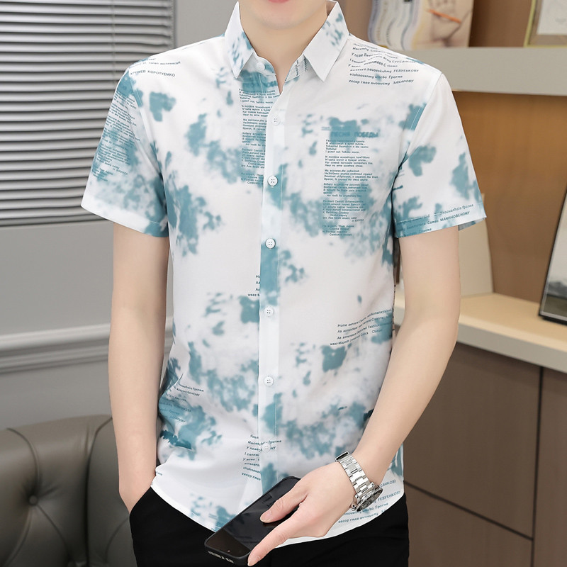 เสื้อเชิ้ตแขนสั้น พิมพ์ลายตัวอักษร สไตล์เกาหลี สีฟ้า สีเขียว เหมาะกับฤดูร้อน สําหรับผู้ชาย ไซซ์ M - 4XL