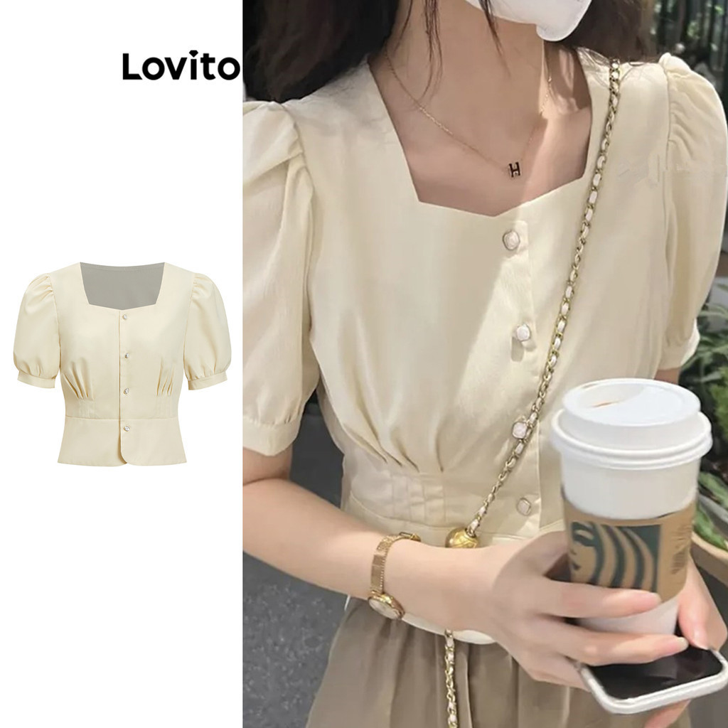 Lovito เสื้อเบลาส์ผู้หญิง แต่งจีบ สีพื้น สไตล์หรูหรา L80ED091