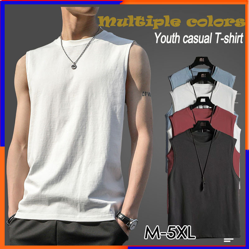 เสื้อยืดแขนกุดลําลอง คอกลม ทรงหลวม สีพื้น แฟชั่นฤดูร้อน สําหรับผู้ชาย SZ005