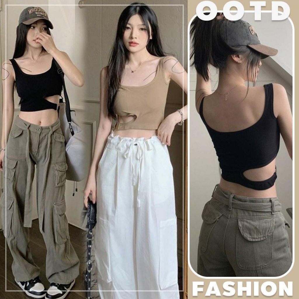 KOKO X3160 เสื้อสายเดี่ยวครอป เสื้อกั๊กผู้หญิง คอรูปตัวยู โชว์เอวด้านข้าง พร้อมแผ่นฟองน้ำ แฟชั่นสไตล์เกาหลี