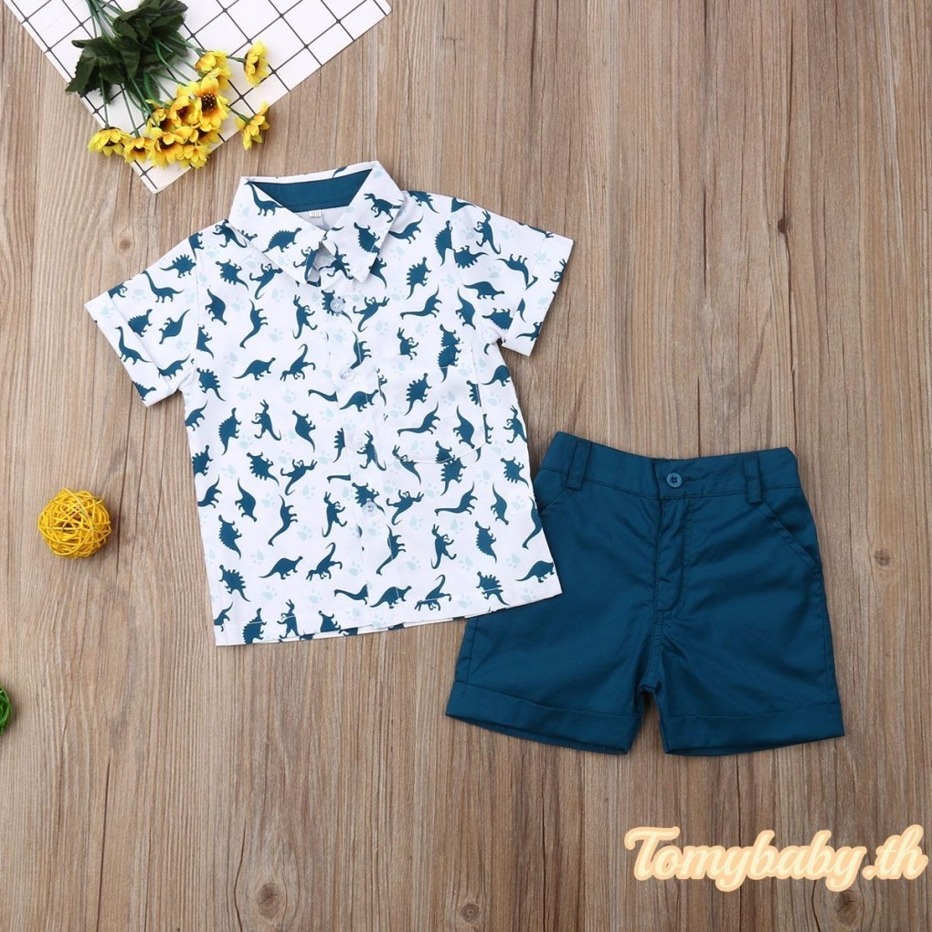 Tomybaby- ชุดเสื้อยืด คอปก แขนสั้น พิมพ์ลายไดโนเสาร์ และกางเกงขาสั้น สีพื้น แฟชั่นฤดูร้อน สําหรับเด็กผู้ชาย 2 ชิ้น