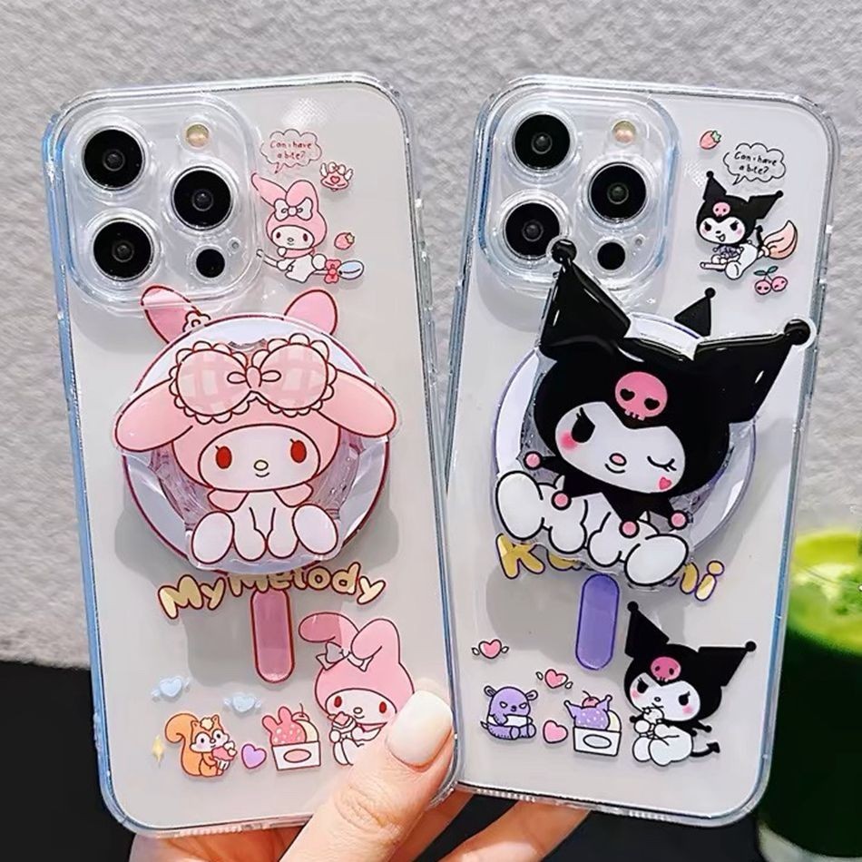 เคสโทรศัพท์มือถือแบบนิ่ม ใส กันกระแทก ลายการ์ตูน Melodx Kuromi พร้อมที่ตั้งวางแม่เหล็ก หมุนได้ สําหรับ Iphone 11 12 13 14 15 Pro Max 7 8 Plus X XR 13Pro XS Max 15Pro 14Plus
