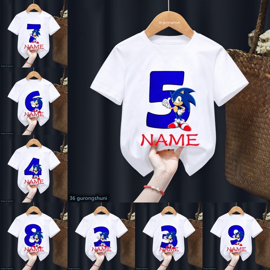เสื้อยืดแขนสั้น พิมพ์ลายการ์ตูน Sonic Number 1-9th Name Sonic The Hedgehog สุดฮา เหมาะกับของขวัญวันเกิด สําหรับเด็กผู้ชาย และเด็กผู้หญิง