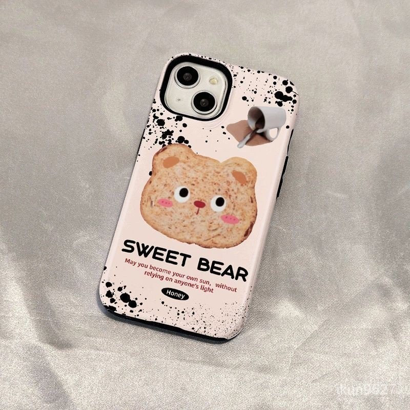 เคสโทรศัพท์มือถือ ลายหมีขนมปังปิ้ง สองชั้น แวววาว สําหรับ Iphone 15Promax 14 13Pro 12 11Promax XR 7PLUS