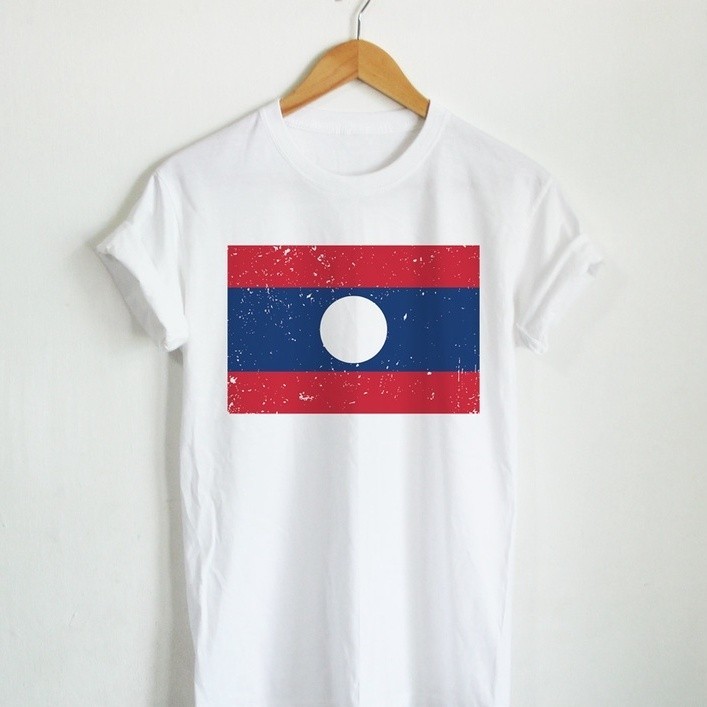เสื้อยืดลาย ธงชาติลาว ประเทศลาว Laos Flag เสื้อยืดสกรีน แขนสั้น คอกลม S-5XL