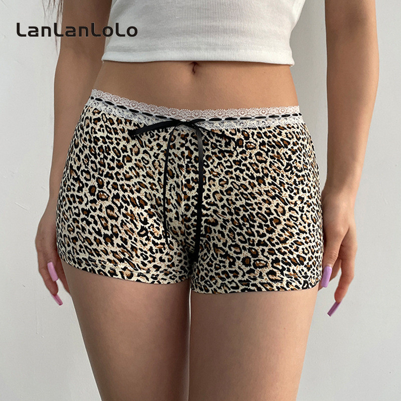 SUPER SPECIAL LanLanLoLo ผู้หญิงเสือดาวพิมพ์ต่ําเอวลูกไม้ Lacing เซ็กซี่ Slim กางเกงขาสั้นลําลอง