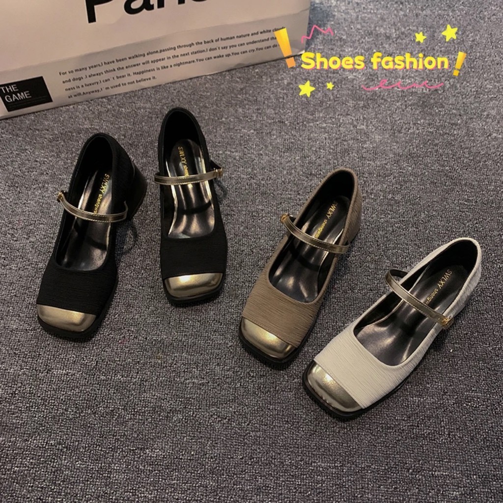 พร้อมส่งจากไทย TX541 รองเท้าผู้หญิง Mary Jane รองเท้าส้นสูง สูง4.5cm หัวเหลี่ยม แต่งสายรัดข้อเท้า เรียบหรู