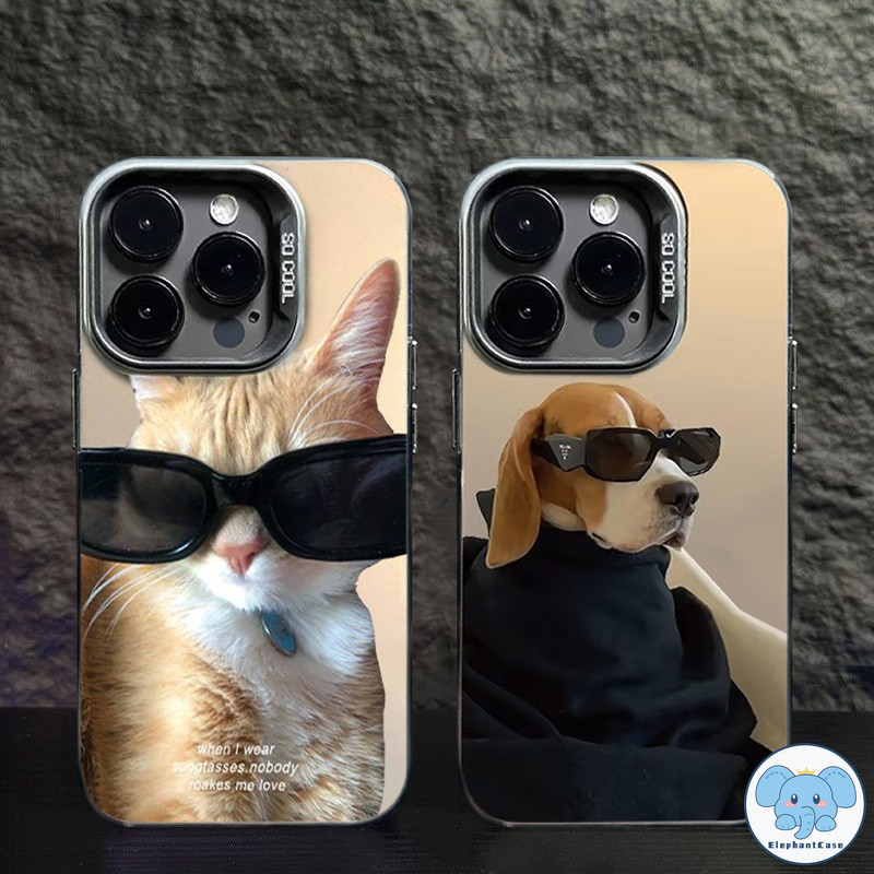 คู่น่ารักแมวเย็นสุนัขแว่นตากันแดดการ์ตูนสีชมพูลูกแมวหรูหราชุบโลหะปก IPhone 15 11 XR 13 14 12 Pro Max 7 8 Plus X XS Max