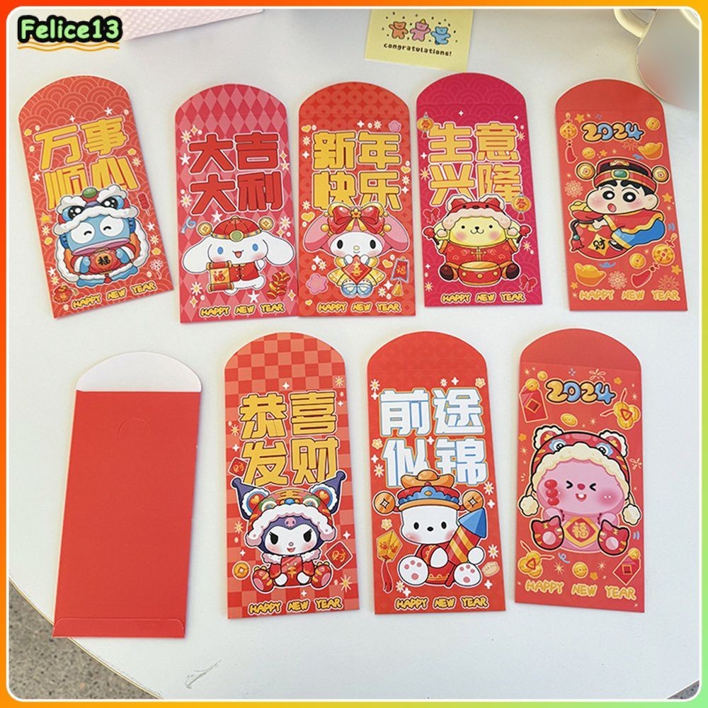 2024 Sanrio Cny แบบดั้งเดิมปีใหม่ซองจดหมายสีแดง 6 ชิ้นน่ารัก Hello Kitty Lion Dance God Of Fortune ชุดของขวัญกระเป๋าสีแดง -FE  -FE