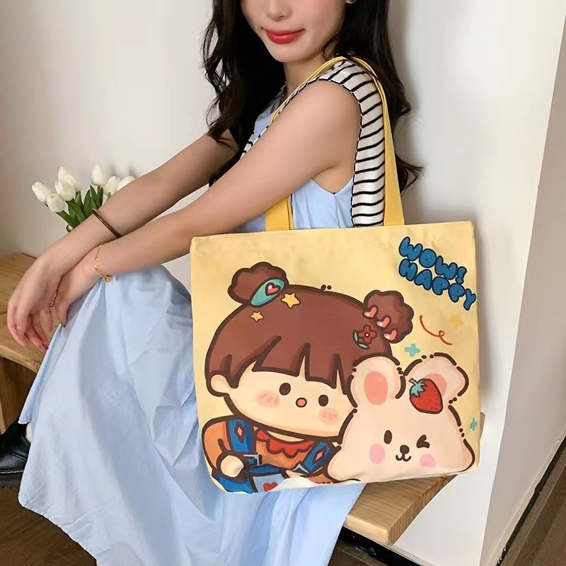 (A22) กระเป๋าผ้า แคนวาส ลายการ์ตูน แฟชั่น ใส่ของได้เยอะ มีซิป