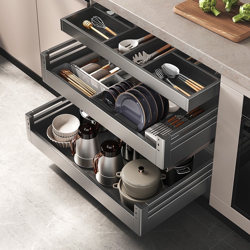 ตะกร้าสเตนเลส 304 แบบดึง สีเทา สําหรับเก็บจาน ชาม เครื่องปรุงรส สีฟ้า