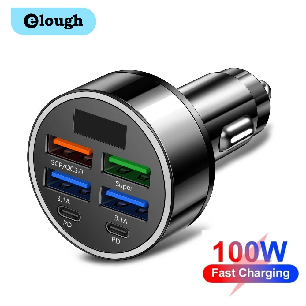 Elough ที่ชาร์จโทรศัพท์มือถือดิจิทัล 100W 6 พอร์ต QC3.0 USB Type C สําหรับรถยนต์