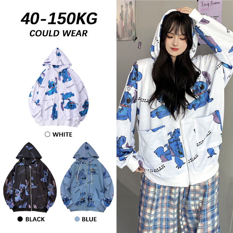 【ไซซ์ใหญ่】(50-120 กก.) เสื้อกันหนาว แขนยาว มีฮู้ด พิมพ์ลาย Stitch ทรงหลวม โอเวอร์ไซซ์ สไตล์สตรีท สําหรับผู้หญิง และผู้ชาย