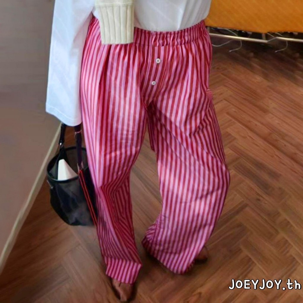 Joeyjoy-ผู้หญิงกางเกงขากว้างหลวมสีทึบ/stripe พิมพ์เอวยางยืดกางเกงลําลองสําหรับทํางาน Office Streetwear