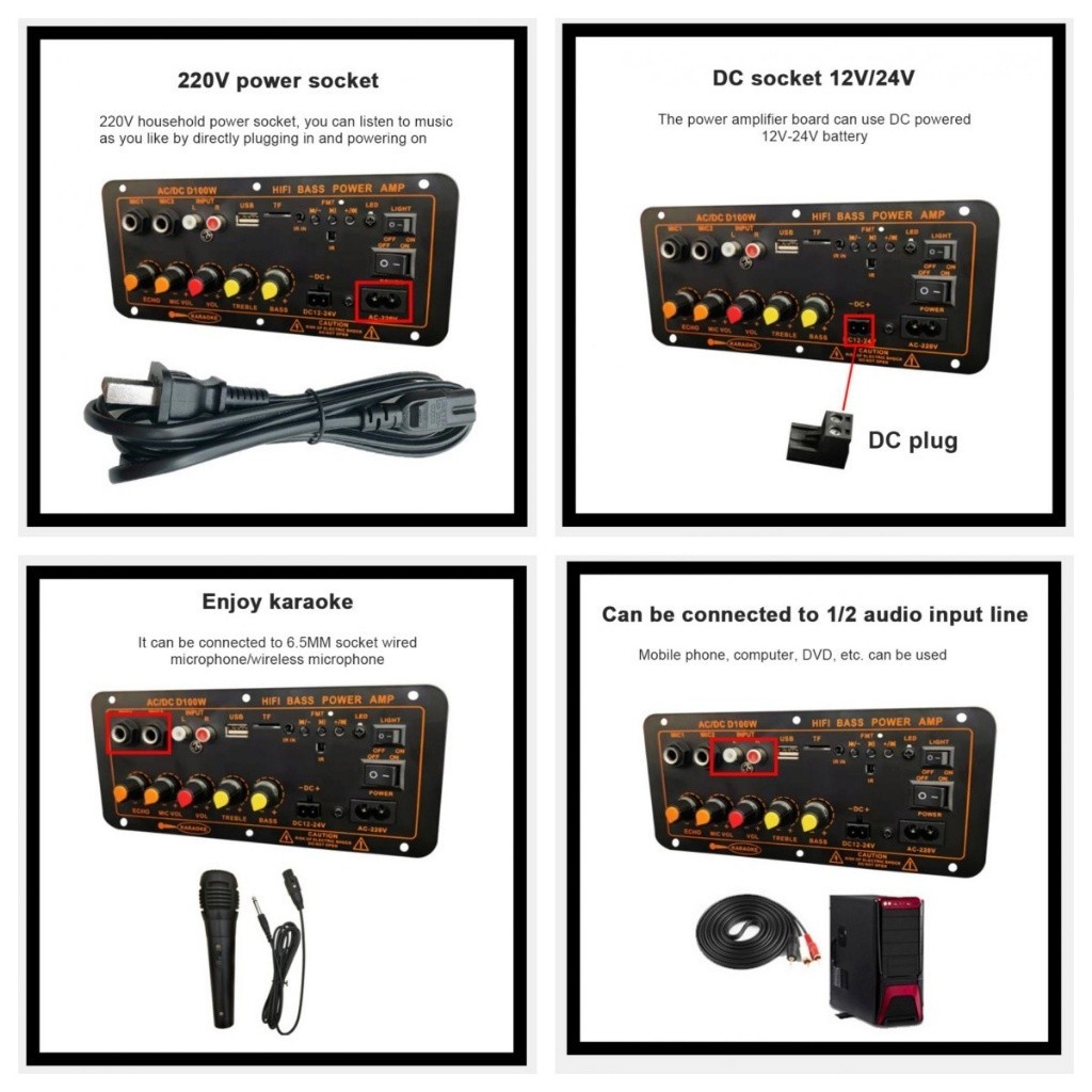 【Jazzy】แอมป์บลูทูธ แอมป์จิ๋ว เครื่องขยายเสียง 2ch บลูทูธ usb ฟังชั้นครบ โมแรงๆ 12/24/220V ปรับเอคโค่ D100