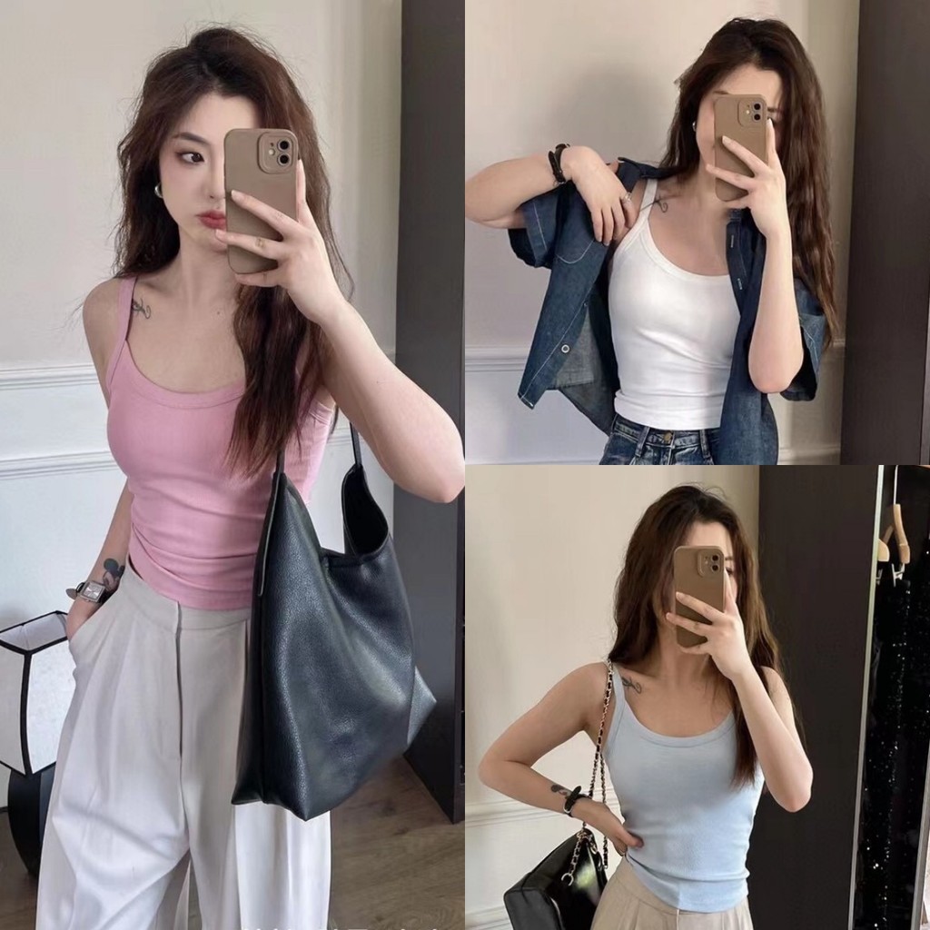 🍈Evelyn🍈สายเดี่ยว มีฟองน้ำในตัว สีพื้น ผ้านุ่ม เสื้อสายเดี่ยว สไตล์ลำลอง เข้ารูป ทรงสวย ใส่สบาย
