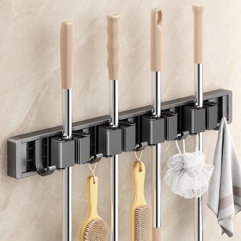 🍀Meride No-Drill Hook Suction Mop Wall-Mounted Clip Broom Storage Rack.