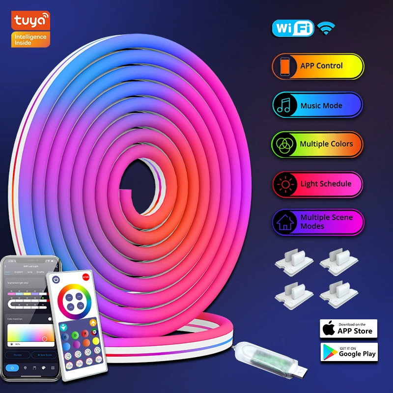 ไฟ LED Strip RGBIC อัจฉริยะ TUYA ควบคุมด้วยแอป IP65 ไฟนีออนกันน้ำสำหรับตกแต่งห้องเล่นเกม