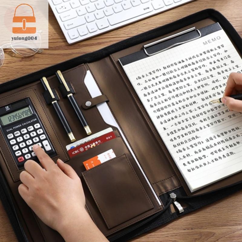 [PE] มัลติฟังก์ชั่น A4/A5 หนัง Portfolio สําหรับเอกสารกระเป๋าซิปพร้อมเครื่องคิดเลขปากกา Man การเขียนกระเป๋าเอกสารสํานักงาน TH