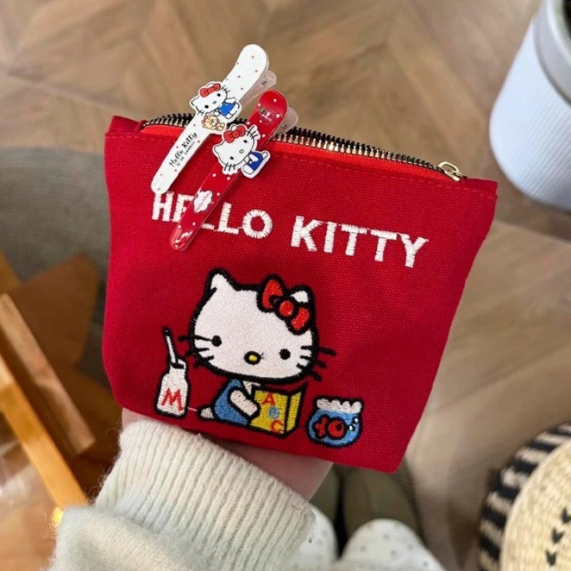 Hello Kitty กระเป๋าใส่เหรียญผ้าใบน่ารักแบบพกพาเย็บปักถักร้อยความจุขนาดใหญ่กระเป๋าแต่งหน้าการจัดเก็บความงามสูงถุงแป้ง