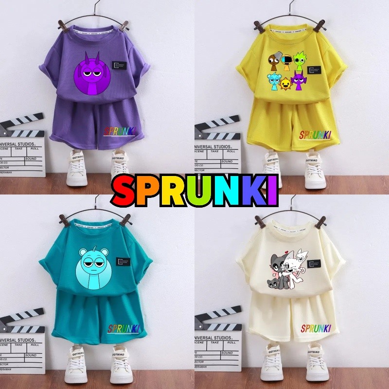 ใหม่ SPRUNKI การ์ตูนพิมพ์เสื้อยืดและกางเกงขาสั้นชุดผ้าวาฟเฟิลสบายบางชุดกีฬาผู้ชายและผู้หญิง