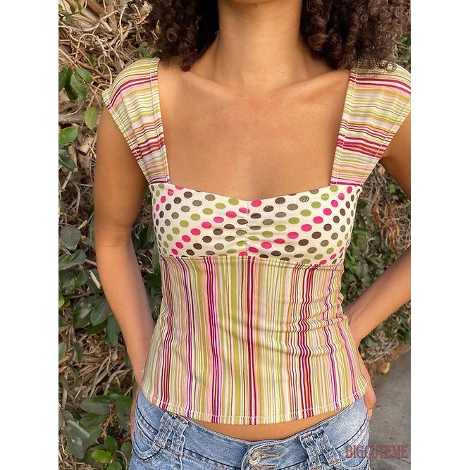 []-เสื้อกล้ามคอเหลี่ยมแขนกุดพิมพ์ลาย Classic Plaid/Stripes Summer
