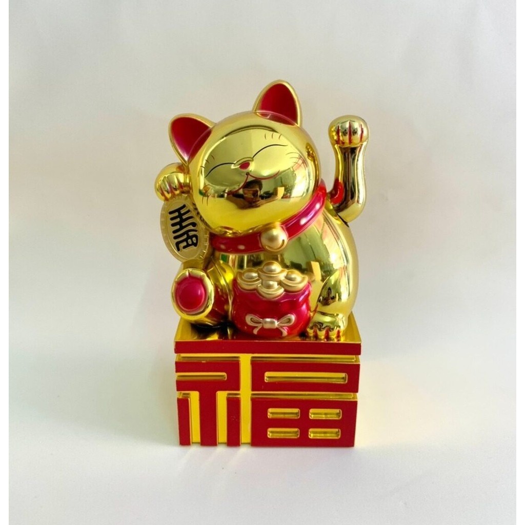แมวนำโชค แมวกวัก Maneki Neko (ฐานตัวอักษรจีน ฮก ความสุข) สีทอง