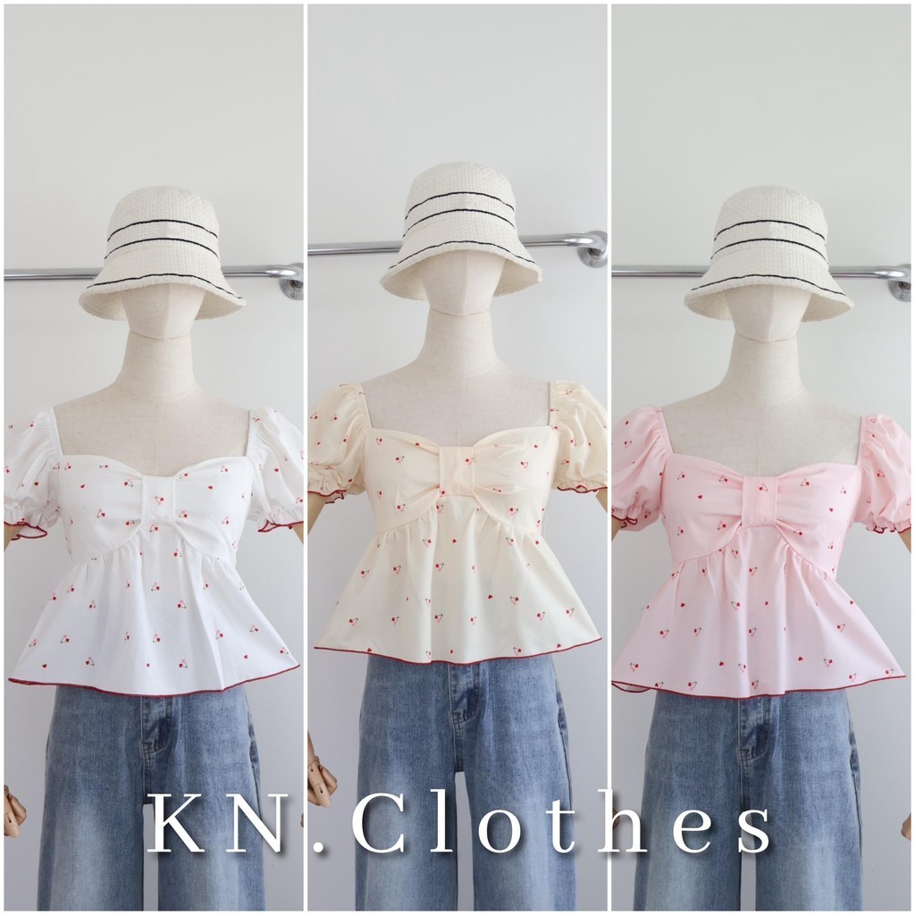 KH เสื้อแขนตุ๊กตาโบว์หน้า แต่งขอบ สม็อคหลัง