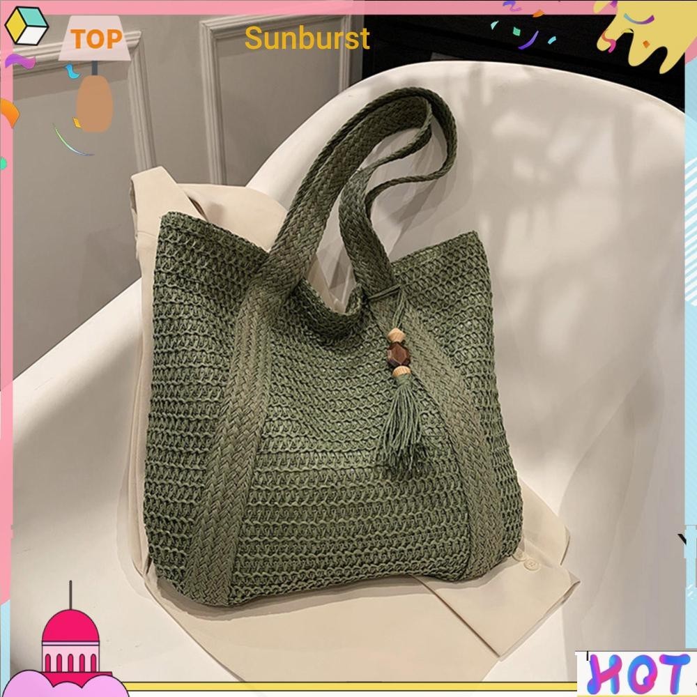 [Sunburst11.th] กระเป๋าถือ กระเป๋าสะพายไหล่ สานด้วยมือ ประดับพู่ ขนาดใหญ่ จุของได้เยอะ สีเขียว สําหรับผู้หญิง