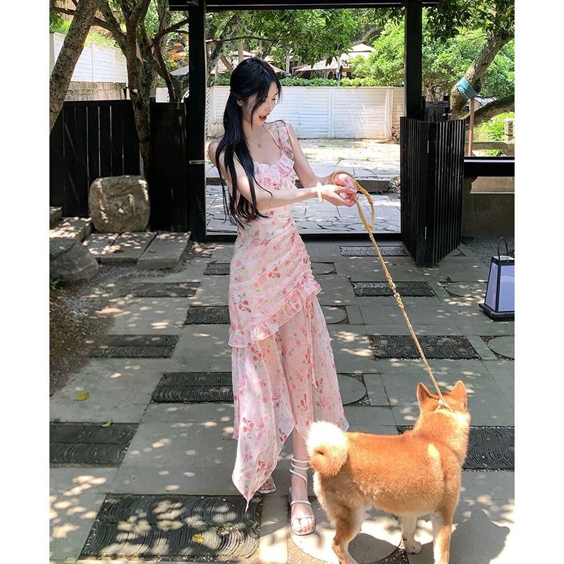 Dress Niche Strap High-end Sweet and Spicy Ruffle Dress Sweet Design Sense Pink Cherry Temperament F