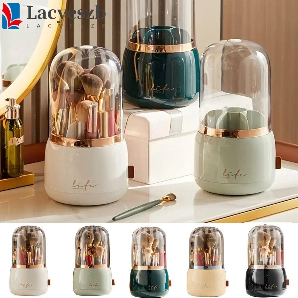 Lacyeszb 360° ถังพลาสติก หมุนได้ อเนกประสงค์ กันฝุ่น กันน้ํา พร้อมฝาปิด สําหรับเก็บแปรงแต่งหน้า อายแชโดว์ เครื่องสําอาง