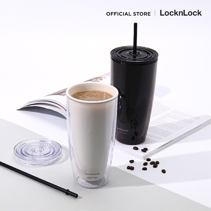 พร้อมส่ง แก้วพลาสติก 2 ชั้น 720ml มีหลอด locknlock double wall cold cup 720มล. hap507 แก้วน้ำ ใบใหญ่ สีขาว สีดำ ของขวัญ ราคา ถูกที่สุด ดีลบีเคเค แกลเลอรีภาพที่ 6