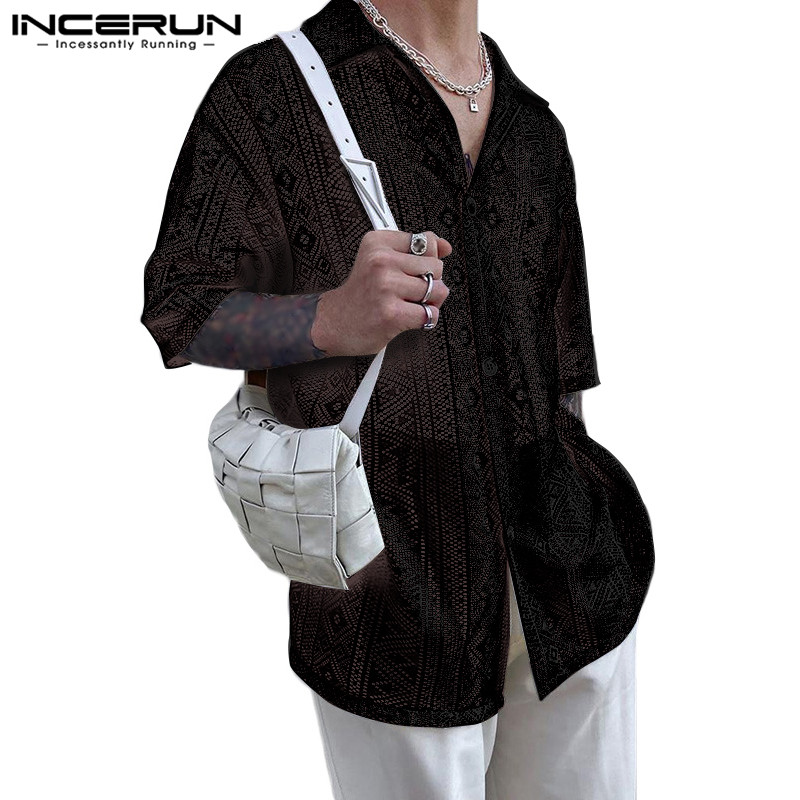 Incerun เสื้อเชิ้ตลําลอง แขนสั้น ลูกไม้ กลวง สําหรับผู้ชาย