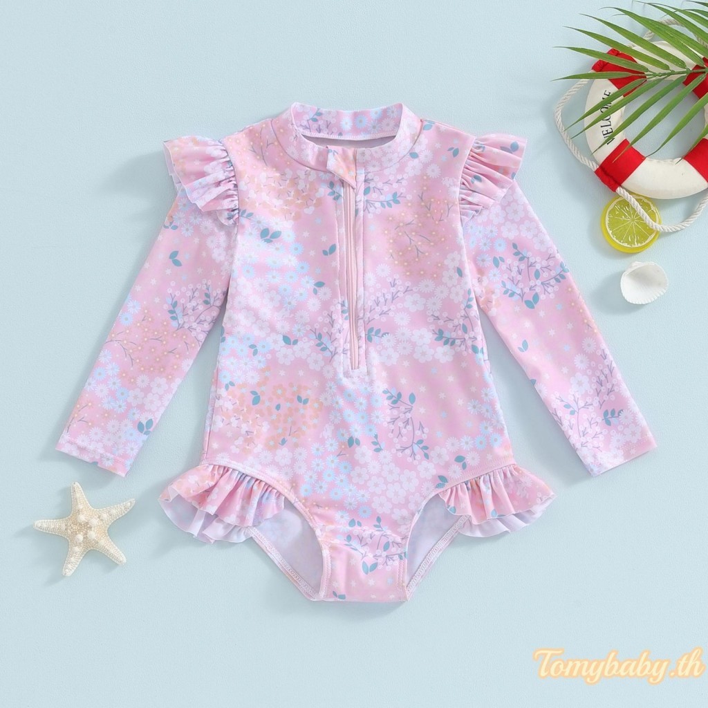 Tomybaby- ชุดว่ายน้ํา เด็กผู้หญิง นัวเนีย พิมพ์ลายดอกไม้ แขนยาว มีซิป ชุดจั๊มสูท ชุดชายหาด สําหรับเด็กวัยหัดเดิน ชุดว่ายน้ําฤดูร้อน