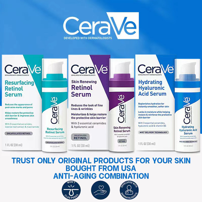 Cerave Skin Renewing Retinol Serum / Cerave Resurfacing Retinol Serum / Cerave Hydrating เซรั่มกรดไฮยารูลอนิก 30 มล.