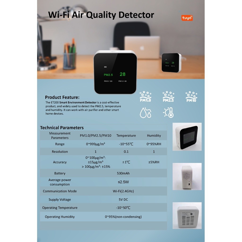 ปรอทดิจิตอล Tuya WI-Fi PM2.5 Environment Monitor เครื่องวัดฝุ่น PM2.5, PM1, PM10, อุณหภูมิ ความชื้น