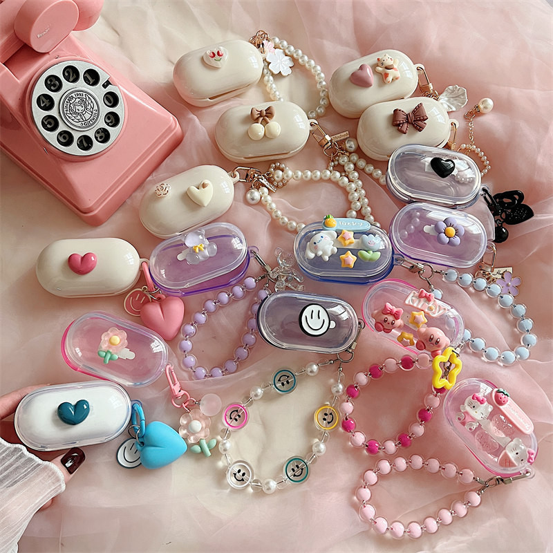 เคสโทรศัพท์มือถือ ลายดอกไม้ หัวใจน่ารัก พร้อมสายคล้อง สําหรับ Samsung Galaxy Buds Buds+ Buds Plus