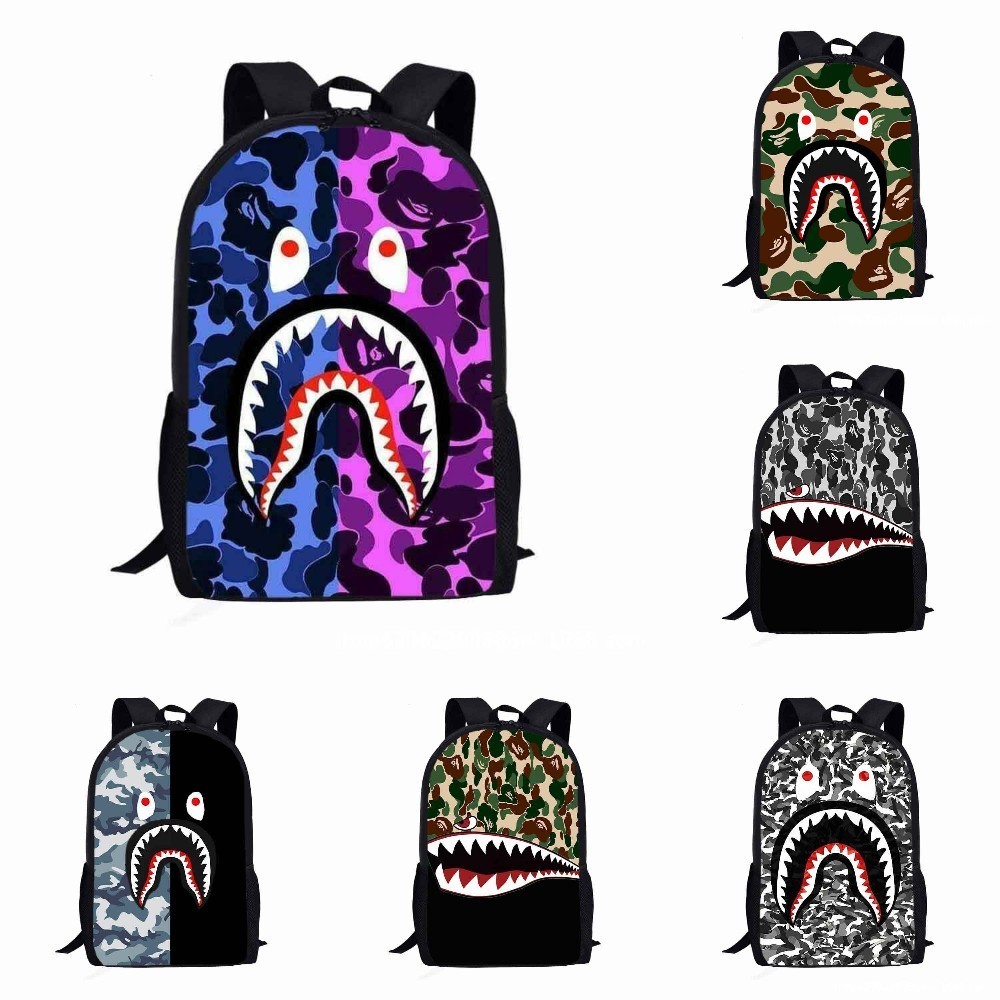 พิมพ์ Camo ฉลามเด็กการ์ตูน 3D พิมพ์ Graffiti กระเป๋าเป้สะพายหลังโรงเรียนลดภาระความสะดวกสบายกระเป๋า