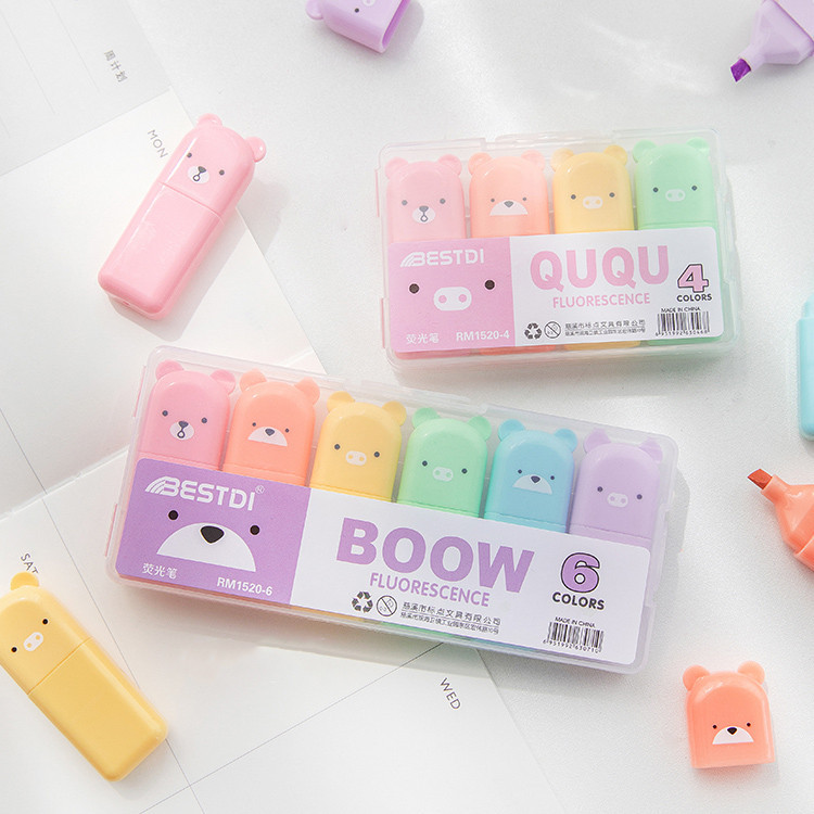 6 ชิ ้ น/set น ่ ารัก Mini Bear ปากกาเน ้ นข ้ อความปากกาเรืองแสง Art Marker ปากกานักเรียนซัพพลาย