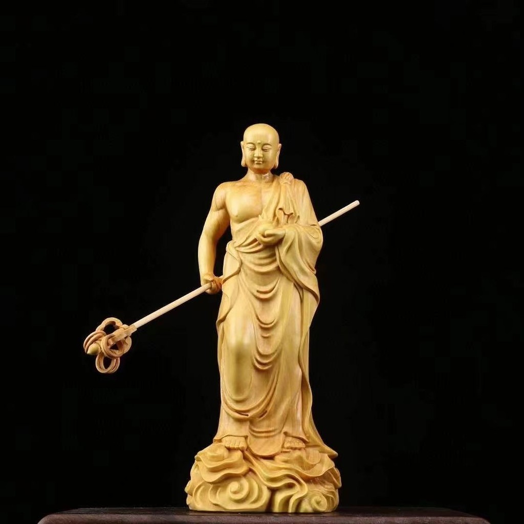 กล่อง Boxwood แกะสลัก Ksitigarbha พระโพธิสัตว์พระพุทธรูปรูปปั้นเดสก์ท็อปตกแต่งบ้านในครัวเรือนบูชาห้องนั่งเล่นตกแต่ง Soli