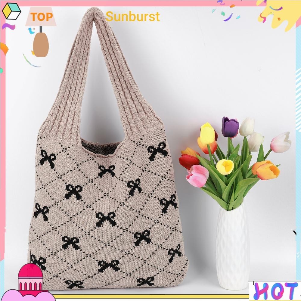 [Sunburst11.th] กระเป๋าถือ กระเป๋าช้อปปิ้ง ถักโครเชต์ พิมพ์ลายโบว์ สําหรับผู้หญิง [Sunburst11.th]