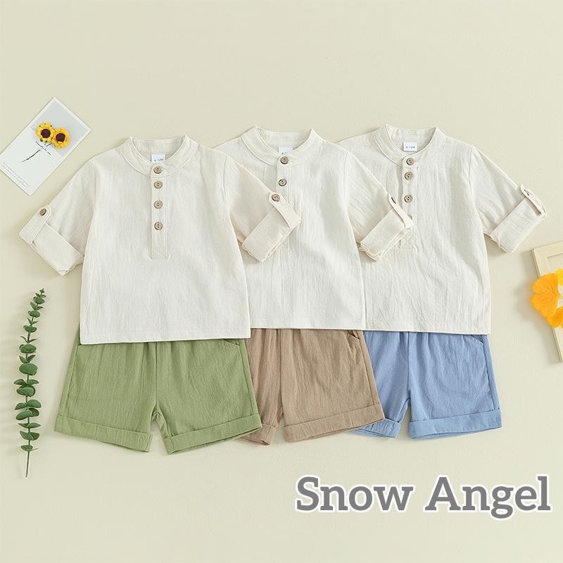 Grao-toddler Boy ชุดผ้าฝ้ายลินินฤดูร้อนสีทึบแขนยาวปุ่มท็อปส์พร้อมกางเกงขาสั้นเอวยางยืด 2 ชิ้นชุด
