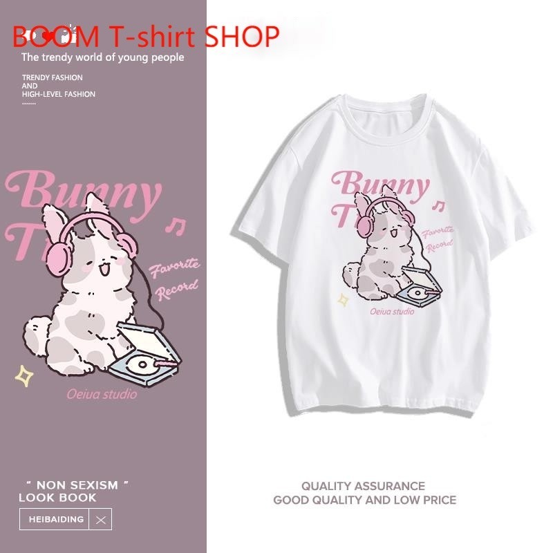 （จัดส่งตลอด 24 ชั่วโมง）BOOM SHOP ผ้าฝ้ายแท้ การ์ตูนน่ารักกระต่ายน้อยพิมพ์เสื้อยืดแขนสั้นหลวม