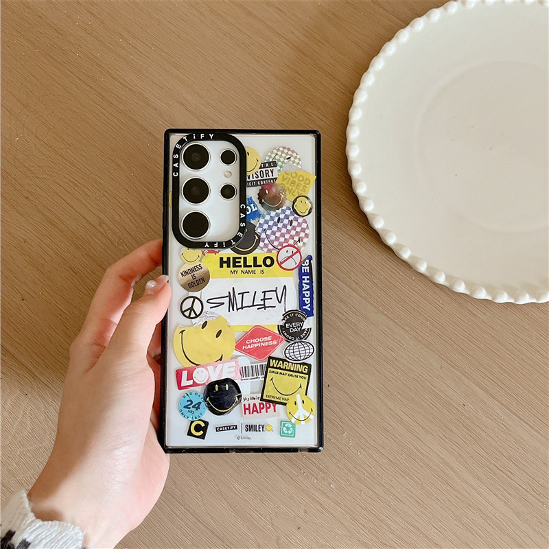 Samsung Galaxy S24 Ultra S22 S23 Ultra S24 Plus เคสโทรศัพท์แกะสลัก CASETiFYHELLO ยิ้มสติกเกอร์รอยยิ้มแฟชั่นเอฟเฟกต์ดูดแม่เหล็กอะคริลิคปลอกกันกระแทกฝาครอบป้องกัน